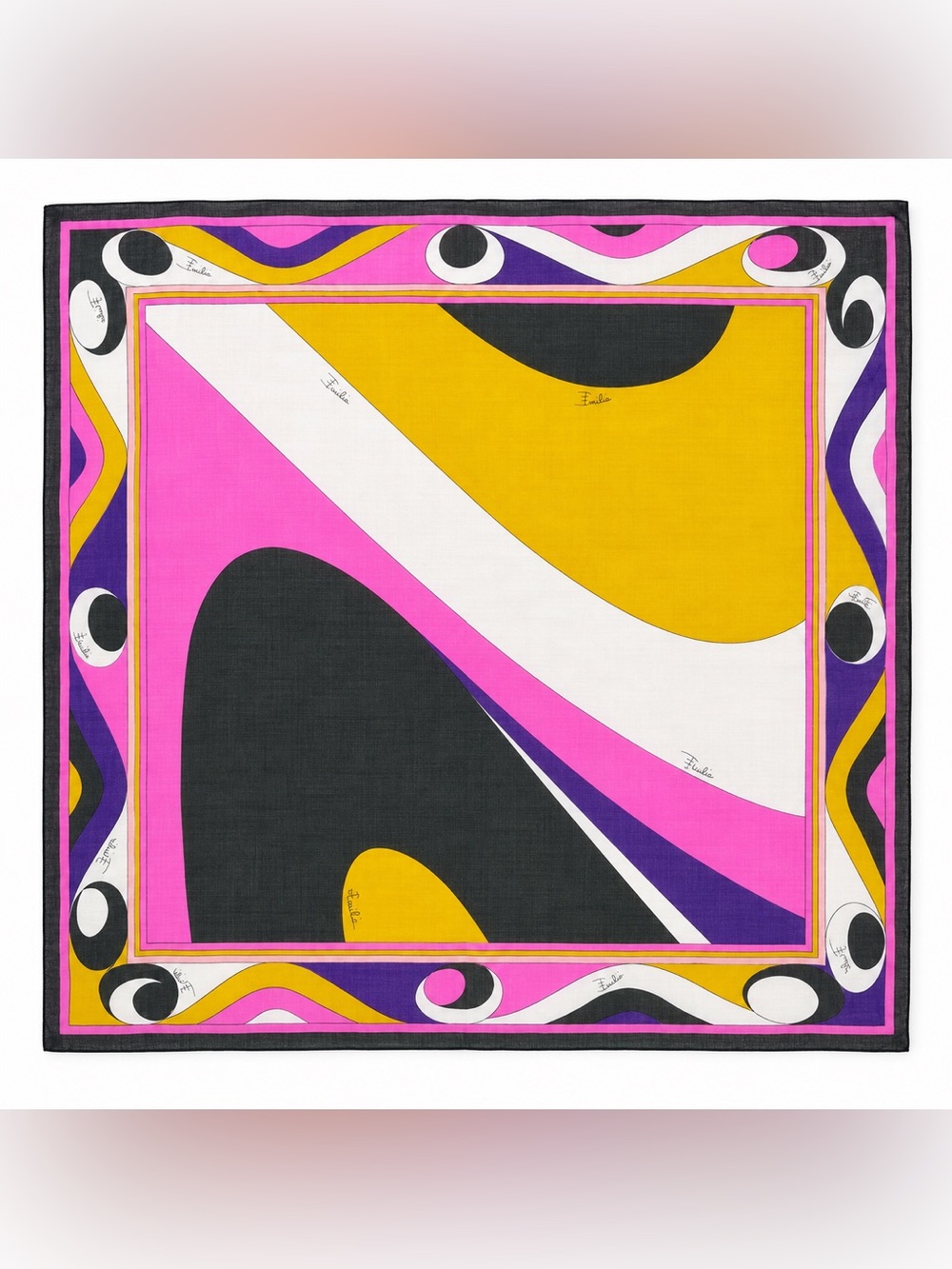 Emilio Pucci Vintage Hot Pink, Yellow & Black Abstract Silk Neck Scarf